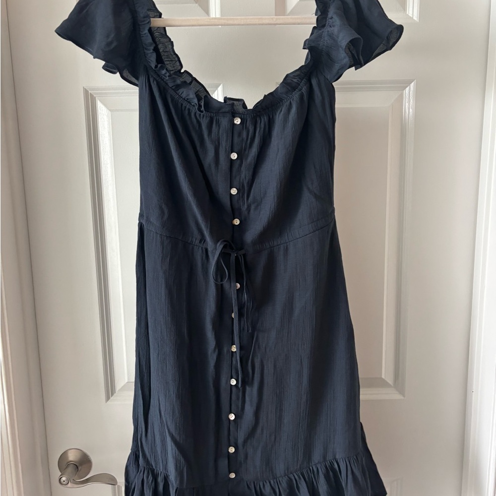 Navy Button-Down Dress with Ruffle Sleeves